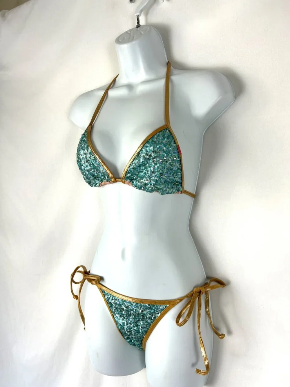 Doll & Co Sequin Mermaid String Bikini Aqua Gold S